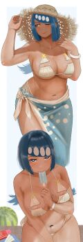 Rule 34 | 1girl, absurdres, ahsern19552, areola slip, bikini, blue hair, breasts, condom, condom wrapper, cowboy shot, food, food in mouth, fruit, hat, highres, holding, holding food, holding popsicle, lana's mother (pokemon), large breasts, long hair, looking at viewer, mature female, multiple views, nintendo, parted lips, partially colored, pink lips, plump, pokemon, pokemon (anime), pokemon the series: sun &amp; moon, popsicle, popsicle in mouth, sexually suggestive, simple background, straw hat, sun hat, sweat, swimsuit, thong bikini, upper body, watermelon