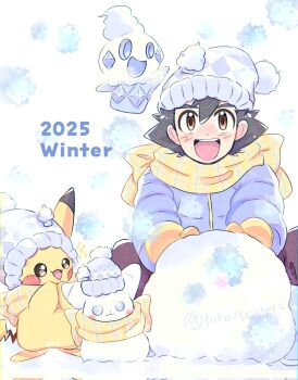 1boy 2025 :d ash_ketchum black_hair brown_hair building_snowman character_snowman commentary corrupted_twitter_file gen_1_pokemon gen_5_pokemon hair_between_eyes hat highres jacket long_sleeves looking_at_viewer male_focus mittens nintendo open_mouth pika2pocket pikachu pokemon pokemon_(anime) pokemon_(creature) pokemon_bw_(anime) scarf short_hair smile snow symbol-only_commentary teeth twitter_username upper_teeth_only vanillish white_hat winter_clothes yellow_mittens yellow_scarf