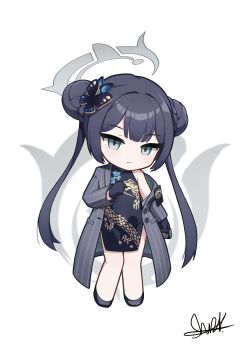 Rule 34 | 1girl, absurdres, black dress, black gloves, black hair, black shoes, blue archive, braid, butterfly hair ornament, chibi, closed mouth, double bun, dress, full body, gloves, grey jacket, hair bun, hair ornament, halo, highres, jacket, kisaki (blue archive), light smile, long hair, long sleeves, looking at viewer, off shoulder, open clothes, open jacket, pinstripe jacket, pinstripe pattern, shoes, shuni valentine, signature, sleeveless, sleeveless dress, solo, standing, twintails, very long hair, white background