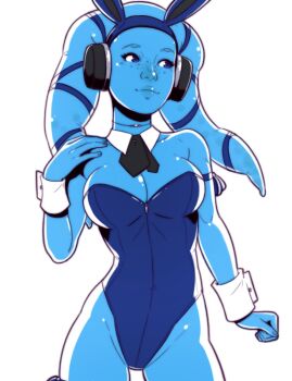 Rule 34 | 1girl, alenya hirani (dave cheung), alien, animal ears, blue leotard, blue skin, breasts, cleavage, collar, colored skin, dave cheung, detached collar, headphones, highres, large breasts, leotard, looking to the side, medium breasts, playboy bunny, rabbit ears, simple background, star wars, strapless, strapless leotard, twi'lek, white background, white collar, white wrist cuffs, wrist cuffs