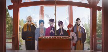 Rule 34 | 6+boys, ahoge, alternate costume, axel syrios, bag, banzoin hakka, belt, black choker, black gloves, black hair, black happi, black hat, black kimono, blonde hair, blue hair, blue hands, blue happi, box, bracelet, braid, chain, choker, closed eyes, colored extremities, commentary, dagmellv, day, donation box, fur scarf, gavis bettel, gloves, hair down, happi, hat, hatsumode, highres, holostars, holostars english, holotempus, japanese clothes, jewelry, josuiji shinri, kimono, long hair, machina x flayon, male focus, medium hair, mountainous horizon, multicolored hair, multiple boys, new year, obi, one eye closed, orange gloves, orange kimono, orange sash, outdoors, own hands together, pink hair, pink kimono, praying, purple hair, purple kimono, red hair, red streaks, regis altare, rope, round eyewear, sash, scarf, shide, shimenawa, short hair, shrine, side braid, single braid, streaked hair, studded belt, studded bracelet, sunglasses, tree, two-tone kimono, untranslatable commentary, virtual youtuber, white hair, white kimono