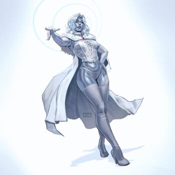 1girl artist_name blonde_hair blue_eyes blue_eyeshadow bodice boots breasts cape cleavage colored_skin commentary diamond_skin elbow_gloves emma_frost english_commentary eyeshadow full_body fur_trim gem gloves grey_skin hand_on_own_hip highres large_breasts looking_at_viewer makeup marvel medium_hair navel panties parted_lips pepedraws pink_gemstone red_lips solo thigh_boots underwear white_background white_bodice white_boots white_cape white_gloves white_panties x-men