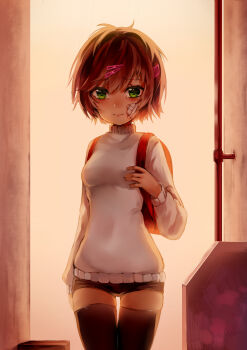 Rule 34 | 1girl, 3:, absurdres, alley, as109, backpack, bag, bandaid, bandaid on face, black shorts, black thighhighs, blush, brown hair, closed mouth, cowboy shot, day, female focus, green eyes, hair ornament, hairclip, hand up, highres, illian-san, looking at viewer, outdoors, randoseru, short hair, short shorts, shorts, shoujo to ura roji, solo, sweater, tears, thighhighs, thighs, tsurime, turtleneck, turtleneck sweater, white sweater