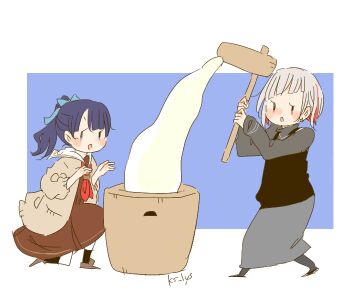 Rule 34 | 2girls, :o, black skirt, black socks, black sweater, blue background, blue bow, blue eyes, blue ribbon, border, bow, brown cardigan, brown dress, cardigan, colored inner hair, commentary request, dress, grey hair, hair bow, hair ribbon, hasu no sora school uniform, high ponytail, holding, holding mallet, kase (ks lys), kine, link! like! love live!, long sleeves, love live!, mallet, mochitsuki, mortar (bowl), multicolored hair, multiple girls, murano sayaka, neckerchief, official alternate costume, on one knee, open cardigan, open clothes, open mouth, outside border, pink eyes, ponytail, red hair, red neckerchief, ribbon, sailor collar, sailor dress, school uniform, short hair, signature, simple background, skirt, socks, standing, streaked hair, sweater, turtleneck, turtleneck sweater, twitter username, v-shaped eyebrows, virtual youtuber, white border, white sailor collar, winter uniform, yugiri tsuzuri, yugiri tsuzuri (post-graduation), | |