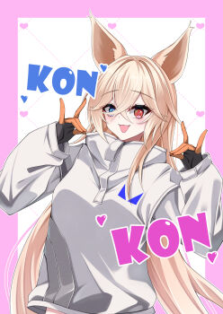 1girl absurdres alternate_costume animal_ears black_gloves blonde_hair blue_eyes border cowboy_shot crossed_bangs double_fox_shadow_puppet fox_ears fox_girl fox_shadow_puppet g41_(girls'_frontline) girls'_frontline gloves grey_jacket hair_between_eyes heart heterochromia highres jacket kamiya_(kamiya19930330) long_hair long_sleeves looking_at_viewer multicolored_gloves open_mouth orange_gloves pink_border red_eyes solo two-tone_gloves very_long_hair
