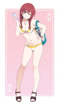 1girl ;) bag bare_shoulders bikini black_sandals border braid breasts cleavage closed_mouth collarbone commentary eyewear_hang full_body hair_between_eyes hand_on_own_hip hand_up head_tilt highres holding long_hair low_twintails medium_breasts nagami_yuu nail_polish navel one_eye_closed original pink_background pink_nails red_eyes red_hair sandals smile solo standing sunglasses swimsuit symbol-only_commentary toenail_polish toenails twin_braids twintails unworn_eyewear white_bikini white_border