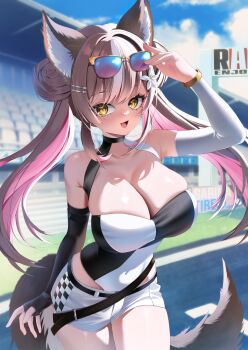 1girl animal_ears bare_shoulders black_gloves blush breasts brown_hair cleavage commission covered_navel elbow_gloves eyewear_on_head flower fox_ears fox_girl fox_tail garimayo gloves hair_flower hair_ornament hairclip highres large_breasts long_hair looking_at_viewer multicolored_hair open_mouth original outdoors pink_hair race_queen shirt shorts skeb_commission sleeveless sleeveless_shirt smile solo tail twintails two-tone_hair two-tone_shirt very_long_hair white_gloves white_shorts yellow_eyes