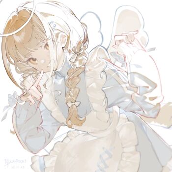 1girl angel_wings apron blonde_hair blue_jacket braid frilled_apron frills fujita_kotone gakuen_idolmaster halo highres idolmaster index_finger_raised jacket jersey_maid leaning_forward looking_at_viewer maid maid_apron simple_background smile solo track_jacket twin_braids unconventional_maid white_apron white_background wings yellow_eyes yuuinai