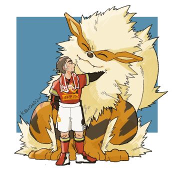1boy arcanine arms_up black_shirt border closed_eyes commentary fangs full_body gen_1_pokemon grey_hair highres kabu_(pokemon) layered_sleeves long_sleeves looking_at_another male_focus nintendo pokemon pokemon_(creature) pokemon_swsh red_shirt red_shoes shirt shoes short_hair short_over_long_sleeves short_sleeves shorts standing symbol-only_commentary towel towel_around_neck white_border xqgdziui