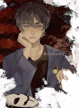 Rule 34 | 1boy, black shirt, bloody painter, blue coat, border, brown hair, closed mouth, coat, collarbone, commentary, creepypasta, double-parted bangs, english commentary, facing viewer, film grain, freckles, grey eyes, hair between eyes, hand on own cheek, hand on own face, hands up, highres, holding, holding paintbrush, instagram username, lapels, limmysky, lips, long sleeves, looking to the side, male focus, mask, notched lapels, open clothes, open coat, paintbrush, red background, shirt, short hair, simple background, solo, straight-on, thick eyebrows, unworn mask, upper body, very short hair, white border, white mask