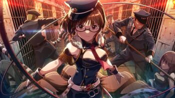 Rule 34 | 3boys, 5girls, akizuki ritsuko, belt, breasts, brown eyes, brown hair, card commentary, commentary request, cuffs, game cg, glasses, handcuffs, hat, holding, holding whip, idolmaster, idolmaster (classic), idolmaster million live!, idolmaster million live! theater days, looking at viewer, multiple boys, multiple girls, necktie, official alternate costume, official art, peaked cap, prison, red necktie, sleeveless, standing, third-party source, whip, white belt