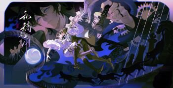 2boys absurdres animal animal_ears bishounen black_hair black_nails blue_eyes boots cape cat chess_piece closed_mouth ershisi_shao_qing eyelashes fingernails head_rest highres holding holding_chess_piece holding_sword holding_weapon jewelry kiss long_sleeves looking_at_viewer multiple_boys multiple_rings multiple_views nail_polish original pants ring short_hair smirk sword weapon yaoi