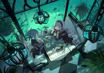 2girls aqua_hair biscuit_(bread) black_dress black_gloves cake cake_slice ceiling_light cellphone character_request couch cup diner dress elbows_on_table firenze_(stella_sora) flip_phone food from_above game_cg gloves green_eyes green_hair grey_hair hanging_plant highres holding holding_cup holding_saucer juliet_sleeves long_dress long_hair long_sleeves multiple_girls non-web_source official_art on_couch phone plant potted_plant puffy_sleeves raised_inner_eyebrows saucer sitting stella_sora tea teacup three-quarter_sleeves very_long_hair wavy_hair