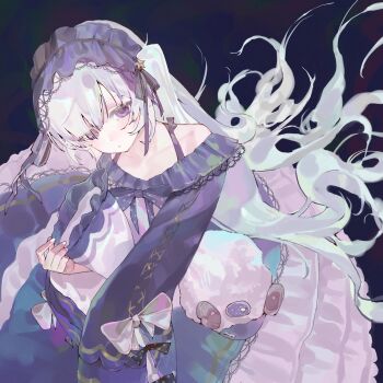 1girl absurdres bare_shoulders black_bow black_bowtie black_dress black_hairband black_ribbon bow bowtie closed_mouth collarbone dark_background dress eyes_visible_through_hair fingernails frilled_dress frilled_sleeves frills from_above gothic_lolita hair_over_one_eye hairband hand_up highres holding holding_pillow holding_stuffed_toy lace lace-trimmed_dress lace-trimmed_hairband lace_trim layered_dress lolita_fashion lolita_hairband long_hair long_sleeves looking_at_viewer looking_up mahou_shoujo_no_majo_saiban natsume_an-an off-shoulder_dress off_shoulder pillow polka_dot polka_dot_bow polka_dot_bowtie purple_eyes ribbon sleeve_bow solo stuffed_animal stuffed_sheep stuffed_toy very_long_hair white_bow white_hair white_nails wide_sleeves wusubamineko