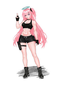 1girl abs absurdres ambriel_(arknights) arknights armor bare_legs bare_shoulders belt belt_buckle black_belt black_boots black_gloves black_shorts black_sports_bra blue_halo boots breasts buckle cleavage collarbone commentary commission crop_top energy_wings english_commentary fingerless_gloves food food_in_mouth full_body gloves gun hair_between_eyes hair_ornament hairclip halo handgun highres holster holstered knee_boots knee_pads lace-up_boots long_hair medium_breasts midriff navel one_side_up pink_hair pixiv_commission pocky pocky_in_mouth purple_eyes short_shorts shorts simple_background solo sports_bra standing thigh_belt thigh_holster thigh_strap toned toned_female tororinego very_long_hair weapon white_background
