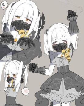 1girl absurdres arm_up armpits arms_behind_head arms_up black_mask black_skirt blue_archive blunt_bangs blush bow center_frills closed_eyes colored_skin commentary cosplay ein_(blue_archive) flat_chest fly_dose frills geburah_(blue_archive) grey_background grey_shirt high-waist_skirt highres idol_clothes looking_at_viewer mari_(blue_archive) mari_(blue_archive)_(cosplay) mari_(idol)_(blue_archive) mask mechanical_hands medium_hair multiple_views orange_eyes petticoat presenting_own_armpit respirator shirt simple_background skirt sleeveless sleeveless_shirt spoken_blush symbol-shaped_pupils twintails white_hair white_skin wrist_cuffs x-shaped_pupils yellow_bow