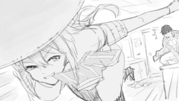 1boy 1girl armor boxers commander_(nikke) goddess_of_victory:_nikke greyscale grin hat japanese_armor jingasa large_hat long_hair male_underwear unworn_male_underwear monochrome mouth_hold scarlet_(nikke) shoulder_armor sketch smile sode underwear zenisu