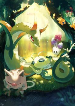 bug celebi closed_eyes floette floette_(red_flower) forest gen_1_pokemon gen_2_pokemon gen_5_pokemon gen_6_pokemon gen_7_pokemon highres joltik legendary_pokemon lying mankey mew_(pokemon) monkey morelull mushroom mythical_pokemon nature nintendo on_grass on_side open_mouth outdoors pokemon pokemon_(creature) red_eyes ripples rongai28 serperior signature sleeping snake soaking_feet solid_oval_eyes sunlight tail tree