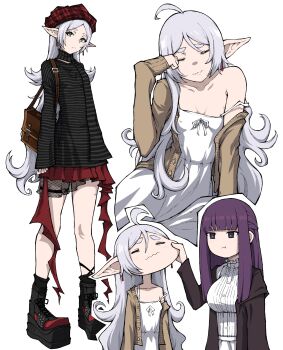 2girls :t =_= absurdres ahoge alternate_costume alternate_hairstyle bag beret black_boots black_coat black_shirt blunt_bangs boots bright_pupils brown_bag brown_cardigan cardigan cheek_pinching coat commentary contemporary dress elf english_commentary expressionless frieren full_body green_eyes hair_down hat highres kekel long_hair long_pointy_ears multiple_girls multiple_views open_cardigan open_clothes open_coat pinching plaid_hat platform_boots pointy_ears pout purple_eyes purple_hair red_hat red_skirt shirt shoulder_bag simple_background skirt sleepy sleeves_past_wrists sousou_no_frieren standing strap_slip striped_clothes striped_shirt thick_eyebrows wavy_mouth white_background white_dress white_pupils