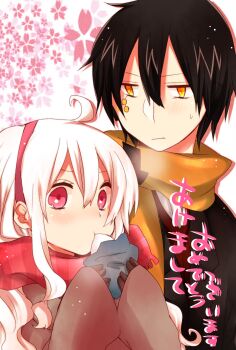 1boy 1girl ahoge akeome aoi_choko_(aoichoco) arrow_(symbol) arrow_print steamed_bun black_coat black_gloves black_hair brown_coat closed_mouth coat commentary_request dark_konoha double-parted_bangs eating facial_mark floral_background flower_symbol food food_in_mouth fringe_trim gloves hair_between_eyes hairband happy_new_year highres holding holding_food kagerou_project konoha_(kagerou_project) kozakura_marry lapels light_blush long_sleeves looking_at_another looking_at_viewer new_year notched_lapels pink_eyes pink_hairband pink_scarf plaid_clothes plaid_scarf scarf short_hair sleeves_past_wrists sweat upper_body wavy_hair white_background white_hair yellow_eyes yellow_scarf