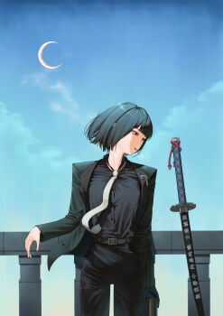 1girl absurdres against_railing belt black_hair black_pants black_shirt black_suit blue_sky cigarette co_duck commentary crescent_moon formal_clothes highres limbus_company looking_to_the_side moon necktie outdoors pants project_moon railing red_eyes ryoshu_(project_moon) shirt short_hair sky smoke smoking solo standing suit sword weapon white_necktie