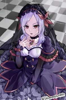 1girl black_dress black_gloves breasts brooch bubble_skirt buttons choker cleavage cleavage_cutout clothing_cutout clover cure_passion diamond_button dress eas_(fresh_precure!) edamamepan0000 eyelashes four-leaf_clover fresh_precure! frilled_dress frills gloves gothic_lolita grey_hair hair_ribbon higashi_setsuna highres jewelry lolita_fashion looking_at_viewer looking_up medium_hair parted_bangs precure puffy_sleeves purple_dress red_eyes ribbon see-through_scarf sitting skirt solo solo_focus tile_floor tiles twitter_username