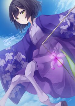 Rule 34 | 1girl, black hair, blue sky, blunt bangs, centaur, cloud, commentary, day, floral print, floral print kimono, flower, green eyes, highres, holding, hooves, japanese clothes, kimono, long sleeves, looking at viewer, monster girl, multiple legs, open clothes, open kimono, original, parted lips, print kimono, purple kimono, purple skirt, rearing, short hair, sidelocks, skirt, sky, solo, standing, taur, translation request, twitter username, usari sk, wide sleeves