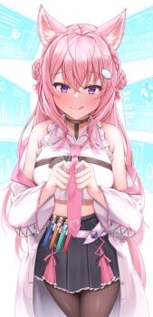1girl :q animal_ears bare_shoulders black_pantyhose black_skirt blue_eyes blush breasts cat_ears cowboy_shot hair_ornament hakui_koyori hakui_koyori_(1st_costume) highres hololive large_breasts lomocya long_hair long_sleeves looking_at_viewer necktie off_shoulder pantyhose pink_hair pink_necktie pleated_skirt potion skirt smile solo tongue tongue_out virtual_youtuber wide_sleeves