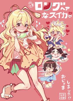 Rule 34 | 4girls, amaryllis (dr. stone), antenna hair, blonde hair, blush, brown eyes, brown hair, chibi, dr. stone, e=mc2 (equation), embarrassed, food, fruit, full-face blush, goggles, goggles around neck, hands on own cheeks, hands on own face, heart, heart-shaped pupils, heart in mouth, highres, kohaku (dr. stone), koushikitarou (oisiine8931), long hair, multiple girls, ogawa yuzuriha, pink background, poncho, red eyes, rope, rope necklace, short hair, skirt, smile, symbol-shaped pupils, twitter username, white rope