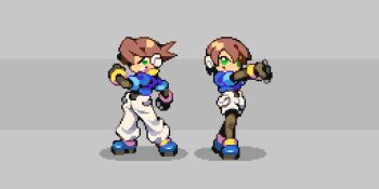 1boy 1girl aile_(mega_man_zx) black_bodysuit blue_footwear blue_jacket bodysuit bodysuit_under_clothes brown_hair cropped_jacket green_eyes grey_background jacket mega_man_(series) mega_man_zx pants pixel_art puppiesandanime robot_ears short_hair shorts simple_background vent_(mega_man) white_pants white_shorts