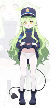 !? ... 1girl :o absurdres armband black_tail blue_archive blue_armband blue_boots blue_hat blue_jacket blue_skirt blush boots buttoned_cuffs buttons clothes_lift demon_girl demon_tail double-breasted fang full_body gloves green_hair green_halo halo hat highres hikari_(blue_archive) jacket lifting_own_clothes long_hair long_sidelocks long_sleeves looking_at_viewer miniskirt moyashi_dorobou navel open_mouth panties panties_under_pantyhose pantyhose peaked_cap pleated_skirt pointy_ears sidelocks skirt skirt_lift solo speech_bubble standing sweatdrop tail underwear v-shaped_eyebrows very_long_hair white_background white_gloves white_panties white_pantyhose yellow_eyes zoom_layer