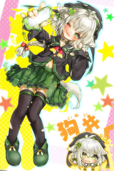 Rule 34 | 1girl, animal ears, black shirt, black thighhighs, blush, bow, bowtie, braid, braided ponytail, cellphone, chibi, chibi inset, collared shirt, commentary request, dog ears, dog girl, dog tail, full body, green eyes, green shoes, green skirt, grey hair, hair bow, holding, holding phone, long hair, long sleeves, looking at viewer, miniskirt, misaki (kyal 001), navel, open mouth, original, phone, pixiv's virtual youtuber audition, red bow, red bowtie, shirt, shoes, single braid, skirt, smartphone, smile, star (symbol), star symbol background, tail, thighhighs, virtual youtuber, white background