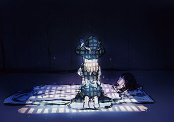 2girls aihara-rina back_bow black_hat black_skirt black_vest blonde_hair bow brown_hair chinese_commentary commentary_request facing_away frilled_hair_tubes frills from_behind futon hair_bow hair_tubes hakurei_reimu hat hat_bow kirisame_marisa long_hair lying multiple_girls on_back red_bow shadow sitting skirt touhou vest white_bow witch_hat