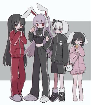 Rule 34 | 4girls, :p, animal bag, animal ears, barefoot, black eyes, black hair, black hairband, black jacket, black shoes, closed mouth, earphones, full body, grey hair, grey slippers, hairband, hand in pocket, highres, houraisan kaguya, inaba tewi, jacket, konpaku youmu, long hair, long sleeves, midriff, multiple girls, open mouth, pants, pink jacket, purple hair, rabbit bag, rabbit ears, red eyes, red jacket, red pants, reisen udongein inaba, ri (qrcode), shoes, short hair, slippers, standing, tongue, tongue out, touhou, track jacket, track pants, very long hair, white shoes, zipper