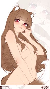 1girl absurdres animal_ear_fluff animal_ears areola_slip artist_name breasts brown_hair closed_mouth commentary completely_nude convenient_hair english_commentary hand_up highres holo likunea long_hair looking_at_viewer navel nude patreon_logo patreon_username red_eyes simple_background small_breasts spice_and_wolf tail twitter_username twitter_x_logo white_background wolf_ears wolf_girl wolf_tail zoom_layer
