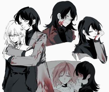 3girls absurdres bang_dream! bang_dream!_it&#039;s_mygo!!!!! blood blood_on_clothes blood_on_face blood_on_hands blush choker coat commentary_request geosmichi77 hair_ornament hairclip highres hug licking_blood long_hair medium_hair multiple_girls open_mouth partially_colored red_coat short_hair sidelocks simple_background sweatdrop wakaba_mutsumi white_background yahata_umiri yuutenji_nyamu