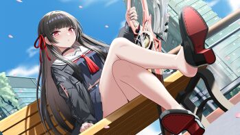 1girl absurdres bench black_hair blush chisa_(wuthering_waves) crossed_legs highres lemon_kele long_hair looking_at_viewer parted_lips red_eyes shoe_dangle sitting wuthering_waves