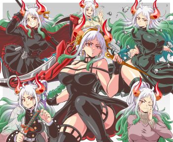 1girl black_corset black_dress black_jacket black_thighhighs boruto:_naruto_next_generations braid breasts cleavage cloak corset cosplay dagger dress fubuki_(one-punch_man) fushiguro_tsumiki fushiguro_tsumiki_(cosplay) gradient_hair green_hair grey_hair hayami_saori highres holding holding_dagger holding_knife holding_weapon hood hoodie horns jacket jujutsu_kaisen kimetsu_no_yaiba knife kochou_shinobu kochou_shinobu_(cosplay) large_breasts lewdamone multicolored_hair multiple_views naruto_(series) one-punch_man one_piece parted_lips purple_sweater red_cloak red_eyes rock ruby_rose ruby_rose_(cosplay) rwby smile spy_x_family sweater telekinesis thighhighs turtleneck turtleneck_sweater uzumaki_himawari uzumaki_himawari_(cosplay) v v-shaped_eyebrows voice_actor_connection weapon yamato_(one_piece) yellow_hoodie yor_briar yor_briar_(cosplay)