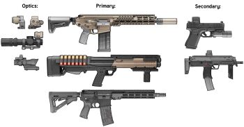 7n39 absurdres acog ammunition ar-15 bullpup commentary english_commentary eotech glock gun h&amp;k_mp7 handgun highres kel-tec_ksg no_humans original pump_action rifle scope shotgun shotgun_shell simple_background submachine_gun suppressor weapon