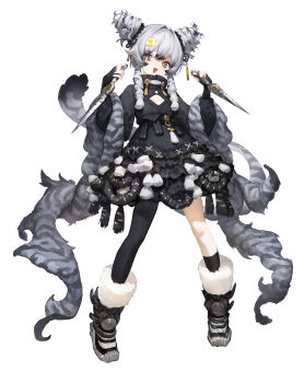 Rule 34 | 1girl, :d, absurdres, agoto, asymmetrical legwear, black boots, black dress, blonde hair, boots, cleavage cutout, clothing cutout, double bun, dress, dual wielding, egg hair ornament, fingerless gloves, food-themed hair ornament, gloves, grey hair, hair bun, hair intakes, hair ornament, highres, holding, holding kunai, holding weapon, kunai, multicolored hair, open mouth, original, short hair, single leg pantyhose, single sock, smile, socks, solo, streaked hair, uneven legwear, weapon