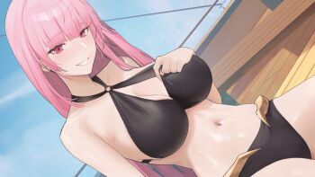 1girl alternate_costume bare_shoulders beach bikini black_bikini blue_sky blush breasts cleavage collarbone day hololive hololive_english kirachamo large_breasts long_hair looking_at_viewer mori_calliope mori_calliope_(holonatsu_paradise) navel ocean outdoors pink_eyes pink_hair red_eyes sky smile solo stomach swimsuit virtual_youtuber