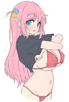 1girl aqua_eyes bikini black_shirt bocchi_the_rock! breasts clothes_lift commentary cube_hair_ornament gotoh_hitori hair_ornament highres large_breasts lifting_own_clothes long_hair looking_at_viewer mel_(melty_pot) navel one_side_up pink_hair red_bikini shirt shirt_lift simple_background solo swimsuit t-shirt white_background