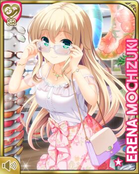 1girl blonde_hair blush braid breasts card_(medium) closed_mouth cyberagent day dress female_focus floral_print flower girlfriend_(kari) green_eyes hair_ribbon indoors large_breasts long_hair mochizuki_erena official_art pink_dress qp:flapper ribbon shirt smile solo standing store tagme white_shirt