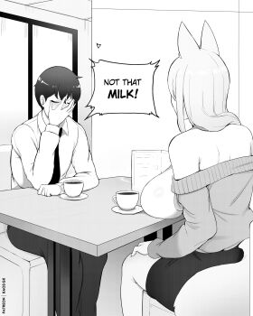 1boy 1girl absurdres animal_ears artist_name bare_shoulders breast_rest breasts breasts_on_table breasts_out coffee coffee_mug commentary cup dress_shirt english_commentary english_text facepalm fox_ears fox_girl fox_tail highres kaos_art large_breasts long_hair monochrome mug necktie off-shoulder_sweater off_shoulder original pants pencil_skirt shirt short_hair sitting skirt sweater tail