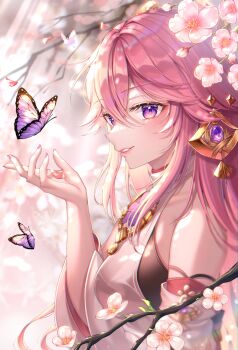 1girl absurdres arm_up blurry blurry_background blush branch breasts bug butterfly cherry_blossoms commentary_request detached_sleeves earrings fingernails flower from_side genshin_impact hair_between_eyes hair_ornament highres insect japanese_clothes jewelry large_breasts light_rays lips lisa_78 long_hair long_sleeves looking_at_viewer nail_polish necklace petals pink_hair pink_nails priestess purple_eyes shine sidelocks spring_(season) standing sunbeam sunlight upper_body wide_sleeves yae_miko
