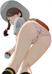 1girl ass backpack bag black_socks braid braided_sidelock brown_hair commentary_request crotch_seam emblem feet_out_of_frame from_below grin highres holding holding_poke_ball juliana_(pokemon) kneehighs light_blush long_sidelocks looking_at_viewer looking_down loosely_tucked_bangs nintendo no_pants orange_bag orange_eyes panties poke_ball pokemon pokemon_sv school_uniform shirt short_hair_with_long_locks short_sleeves sidelocks simple_background sirokohi smile socks solo standing striped_clothes striped_panties underwear uva_academy_school_uniform variant_set wedgie white_background white_shirt
