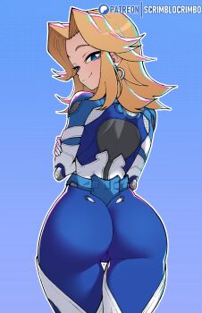 1girl absurdres ass blonde_hair blue_bodysuit blue_eyes bodysuit breasts earrings fantastic_four gloves highres jewelry long_hair looking_at_viewer marvel marvel_rivals multicolored_bodysuit scrimblocrimbo simple_background smile solo sue_storm superhero_costume two-tone_bodysuit