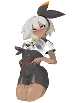 1girl absurdres bea_(pokemon) black_bodysuit black_hairband bodysuit bow_hairband breasts breath closed_mouth commentary cropped_legs eyelashes gloves grey_eyes grey_hair hair_between_eyes hairband hands_on_own_hips heart heart-shaped_pupils highres hitobashira_(1746164306) nail_polish nintendo orange_nails pokemon pokemon_swsh print_shirt shirt short_hair short_sleeves simple_background single_glove solo spread_navel symbol-shaped_pupils tied_shirt white_background