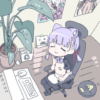 1girl animal_ear_hairband animal_ears apron arm_rest at_computer bandaid bandaids_on_nipples black_skirt black_sleeves black_thighhighs blunt_bangs blush_stickers bow bowtie cat_ear_hairband cat_ears chair character_request closed_eyes closed_mouth computer computer_keyboard computer_mouse copyright_request dohna_dohna_issho_ni_warui_koto_o_shiyou fake_animal_ears finger_to_own_chin folder from_above hair_ribbon hairband indoors lokulo-chan_(lokulo_no_mawashimono) lokulo_no_mawashimono loli long_hair low_twintails lowres no_shoes oekaki office_chair on_chair original parody_request pasties plant porno_(dohna_dohna) poster_(object) potted_plant puffy_short_sleeves puffy_sleeves purple_bow purple_bowtie purple_hair recycle_bin red_ribbon ribbon robotic_vacuum_cleaner short_sleeves shrug_(clothing) sitting skirt small_sweatdrop smile solo swivel_chair thighhighs topless_female twintails waist_apron white_apron wooden_floor