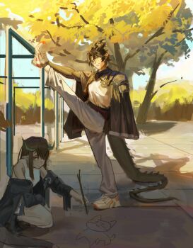 1boy 1girl absurdres arknights black_cape black_hair brother_and_sister cape chinese_commentary chongyue_(arknights) closed_mouth commentary_request dragon_boy dragon_girl dragon_tail drawing_on_dirt dusk_(arknights) hair_over_one_eye highres holding holding_stick horns jacket jacket_partially_removed jie_sang_bu_ge long_hair looking_at_viewer monkey_bars outdoors pants park pointy_ears red_eyes shadow shirt shoes short_hair siblings sleeveless sleeveless_shirt smile sneakers split squatting standing standing_on_one_leg standing_split stick stretching tail tree white_pants white_shirt yellow_leaves